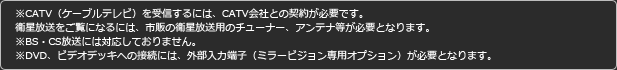 ※CATV（ケーブルテレビ）を受信するには、CATV会社との契約が必要です。
衛星放送をご覧になるには、市販の衛星放送用のチューナー、アンテナ等が必要となります。
※BS・CS放送には対応しておりません。
※DVD、ビデオデッキへの接続には、外部入力端子（ミラービジョン専用オプション）が必要となります。